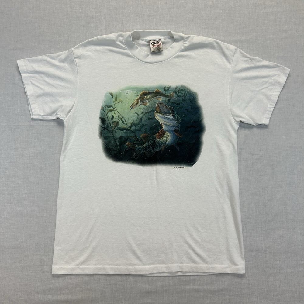 Vintage 90s Terry Doughty Walleye Fishing Graphic T-Shirt Men's Large White Tee